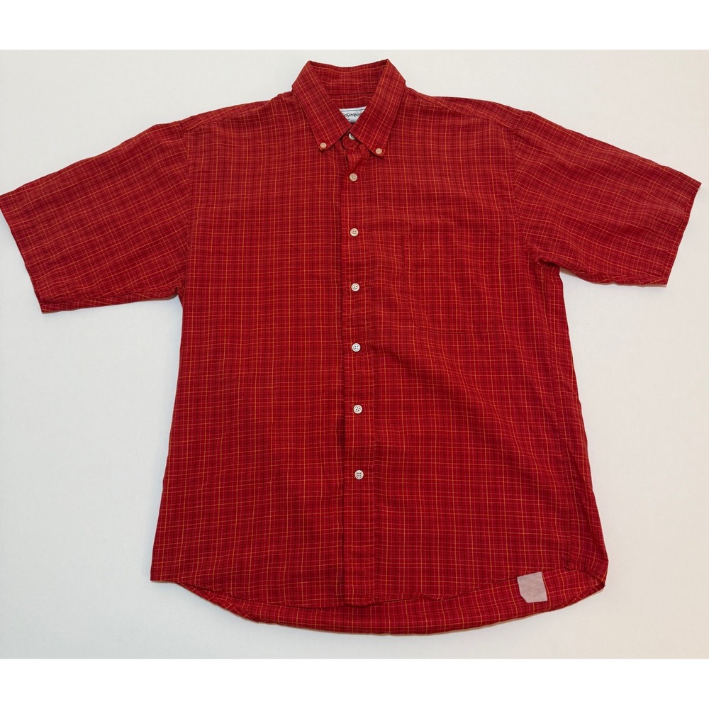 Yves Saint Laurent Mens Red Plaid Short Sleeve Button Down Shirt Large YSL Logo